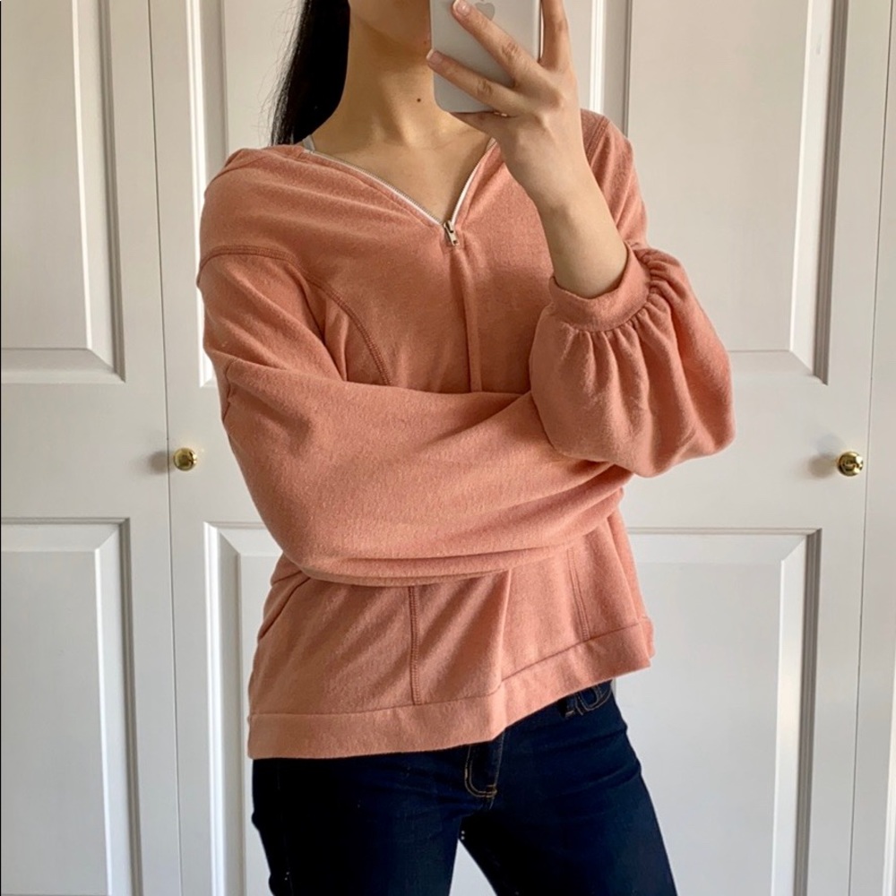 PEACHY - Peach Color Quarter-Zip Casual Lounge Soft Brushed Hoodie Sweatshirt